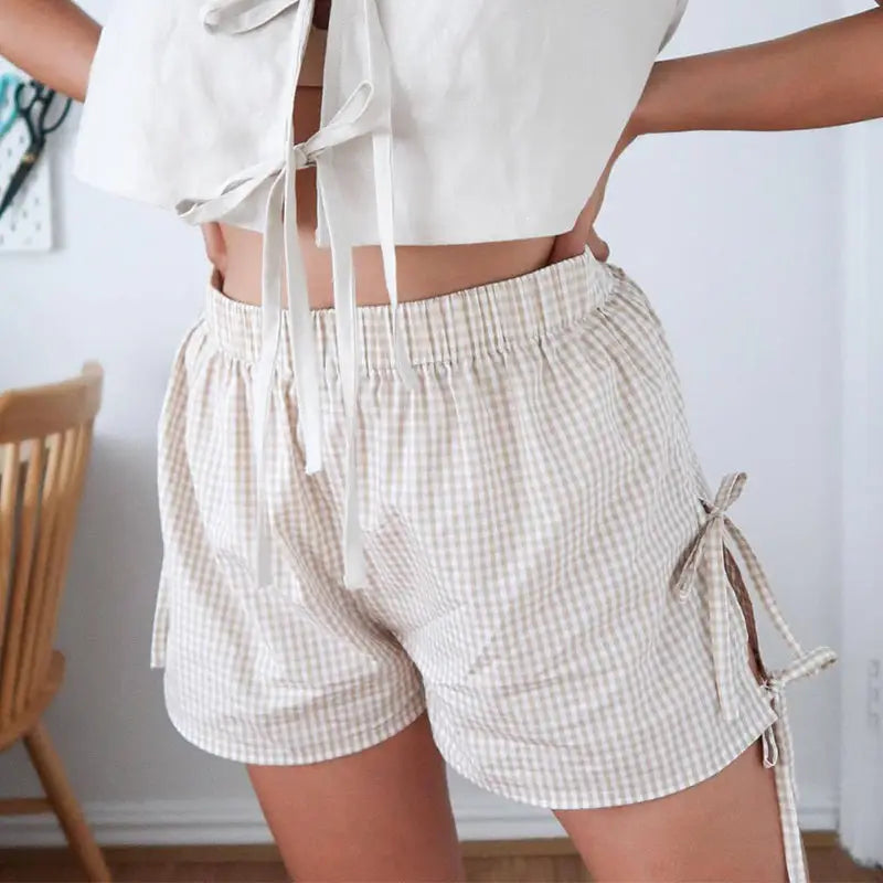 Loose Plaid Print Shorts With Lace-up Design Summer Fashion Y2K Elastic Band Pants For Women - Beyond Trends Hub 