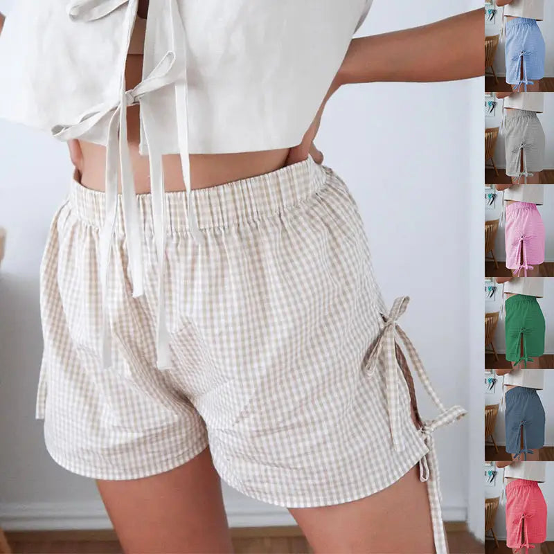 Loose Plaid Print Shorts With Lace-up Design Summer Fashion Y2K Elastic Band Pants For Women - Beyond Trends Hub 