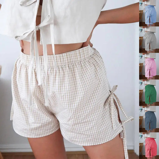 Loose Plaid Print Shorts With Lace-up Design Summer Fashion Y2K Elastic Band Pants For Women - Beyond Trends Hub 
