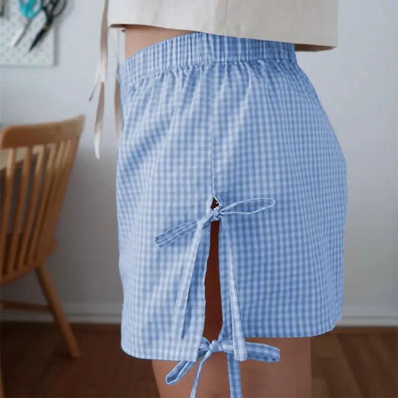 Loose Plaid Print Shorts With Lace-up Design Summer Fashion Y2K Elastic Band Pants For Women - Beyond Trends Hub 