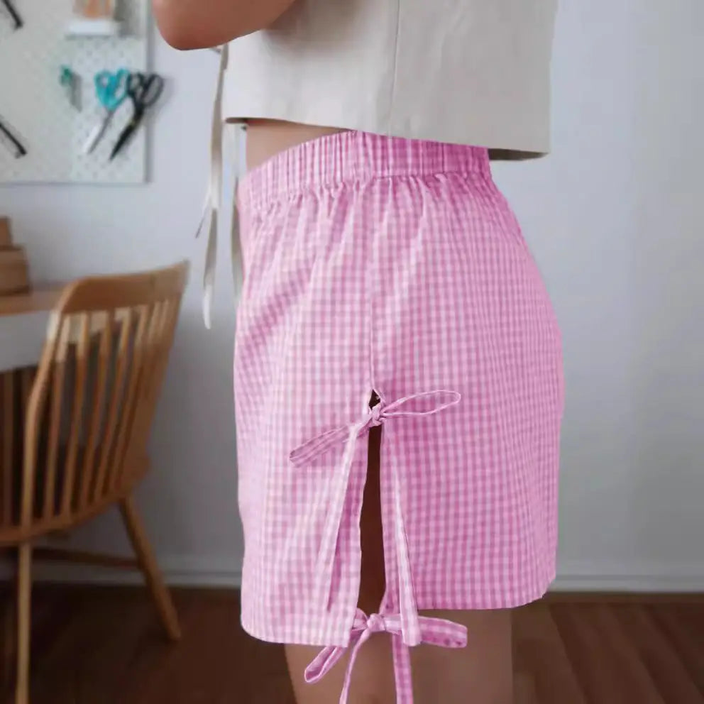 Loose Plaid Print Shorts With Lace-up Design Summer Fashion Y2K Elastic Band Pants For Women - Beyond Trends Hub 