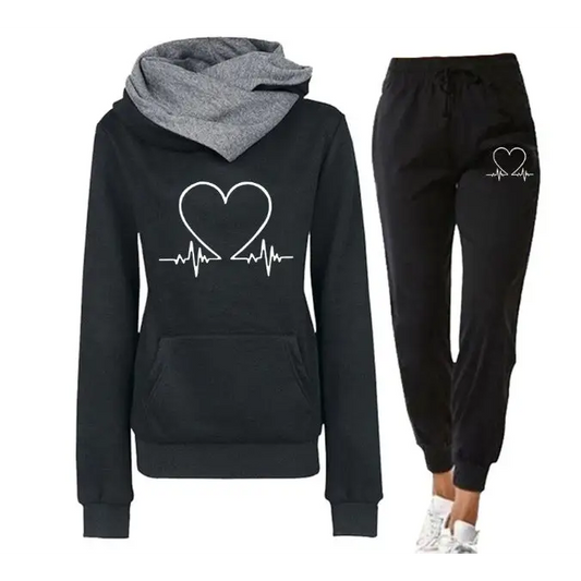 Love Heart Printed Sports Suit Hooded Sweatshirt Top And Drawstring Pants Fashion Casual Clothing For Women