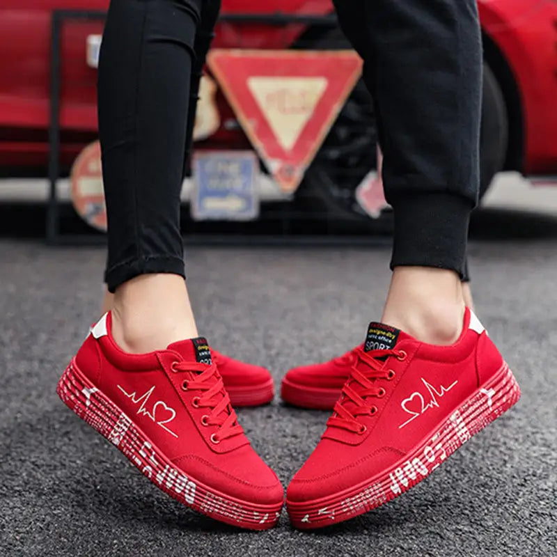 Love Print Canvas Shoes Women Men Flats Lace-up Casual Shoes Lover Sports Shoes Valentines Day - 4