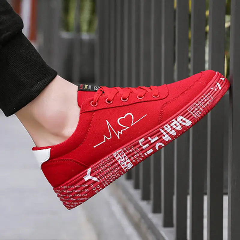 Love Print Canvas Shoes Women Men Flats Lace-up Casual Shoes Lover Sports Shoes Valentines Day - 4