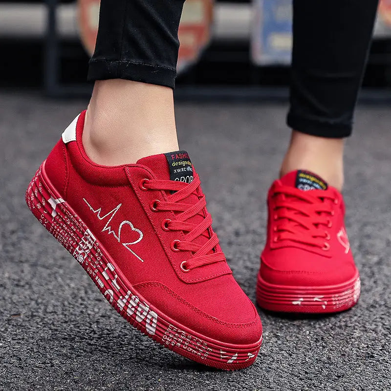Love Print Canvas Shoes Women Men Flats Lace-up Casual Shoes Lover Sports Shoes Valentines Day - Red / Size35 - 4