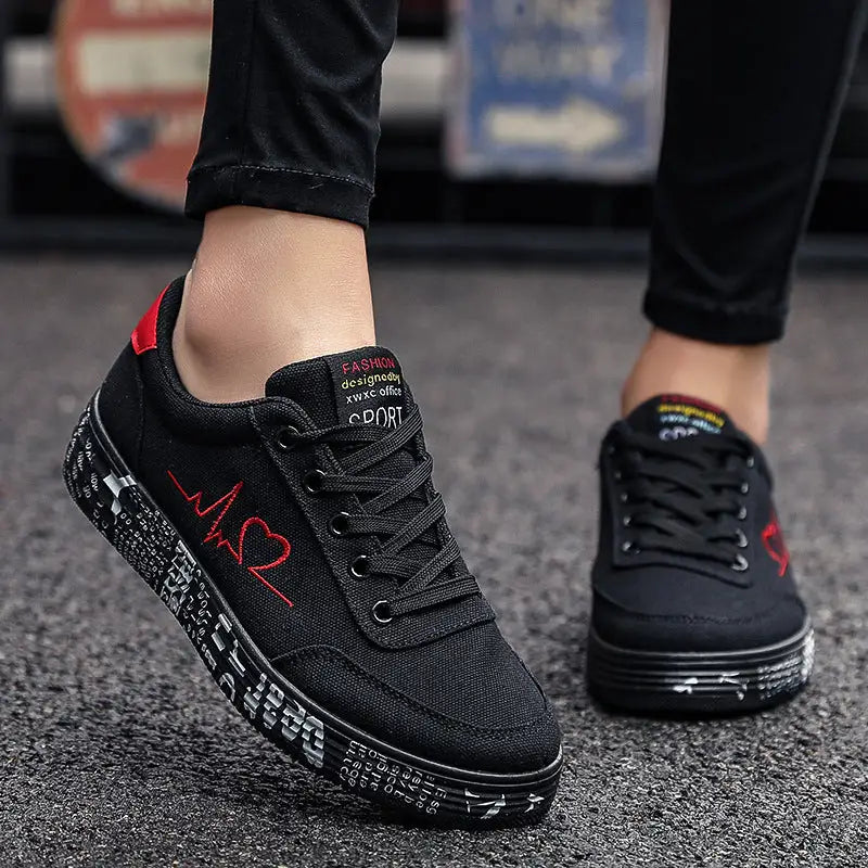 Love Print Canvas Shoes Women Men Flats Lace-up Casual Shoes Lover Sports Shoes Valentines Day - Black / Size35 - 4