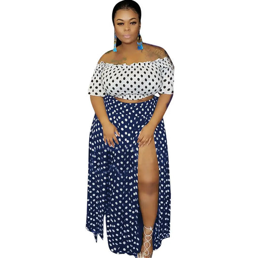 Lus size L-5XL women Summer Dot Print Slas - Blue / 3XL