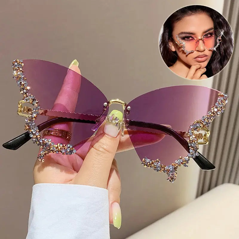 Luxury Diamond Butterfly Sunglasses Women Brand Y2K Vintage Rimless Oversized Sun Glasses Ladies Eyewear Shades Beyond Trends Hub