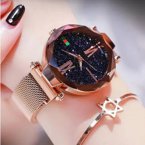 Luxury Women Watches Mesh Ladies Clock Magnet Buckle Starry Diamond Geometric Surface Quartz Wristwatch - Beyond Trends Hub 