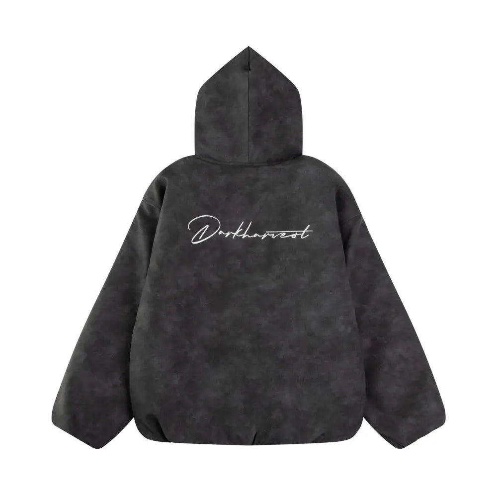 Black hooded jacket with Deathwish script, perfect for casual fashion reviews.