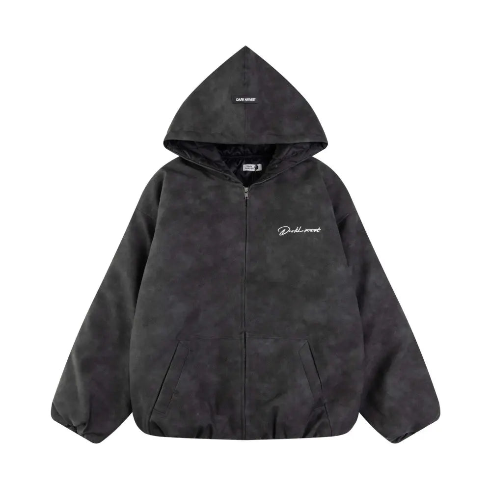 Black hooded zip-up jacket with pockets and embroidery for casual style reviews.