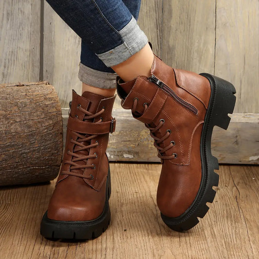Martin Boots For Women Autumn And Winter New Plus Size Round Head Chunky Heel Casual Mid-calf Beyond Trends Hub