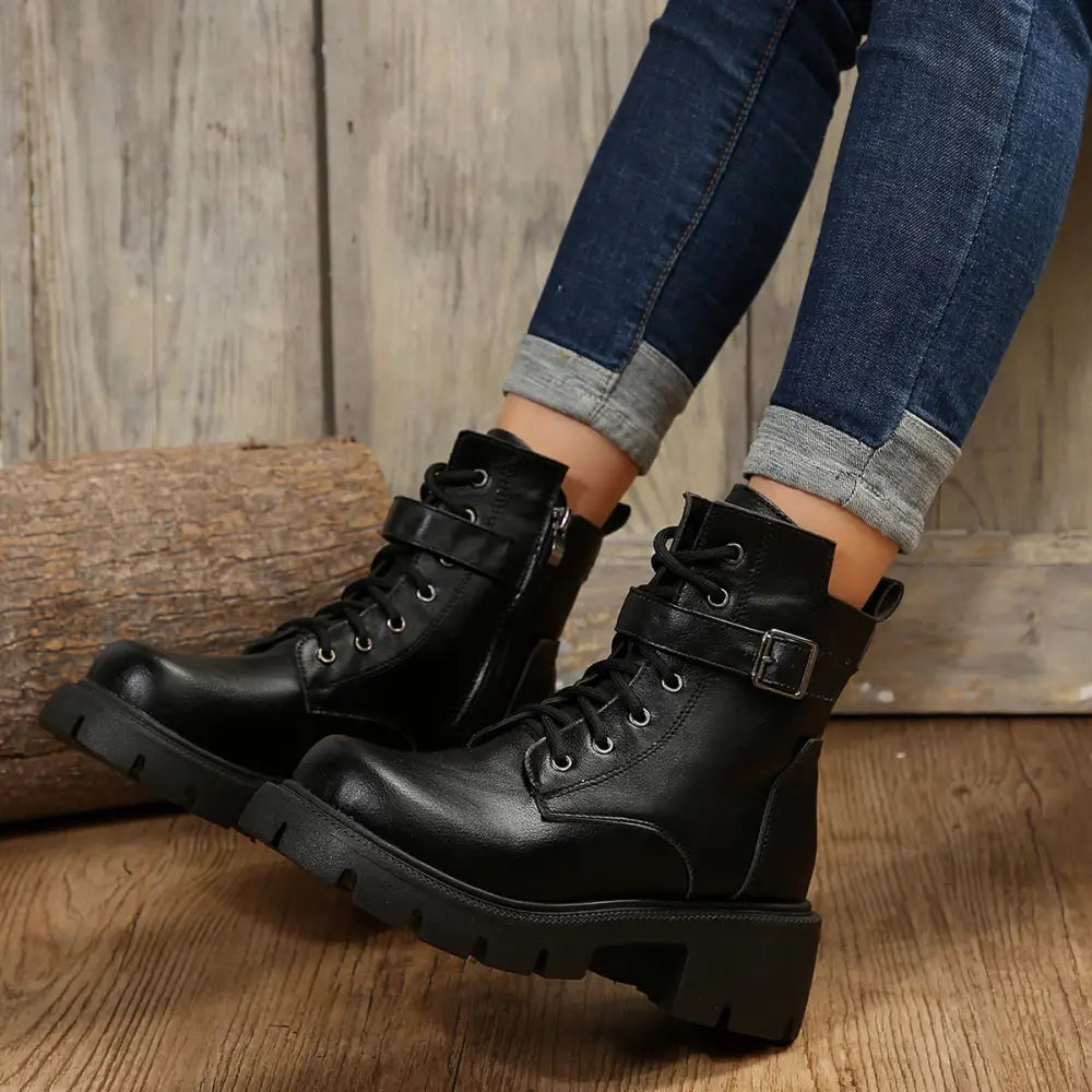 Martin Boots For Women Autumn And Winter New Plus Size Round Head Chunky Heel Casual Mid-calf Beyond Trends Hub