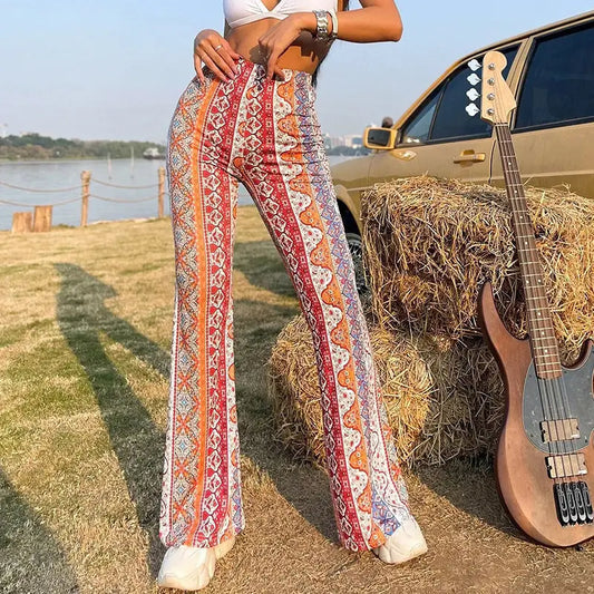 Meilaoshi New Bohemian Style Bell-bottom Pants Women's Ethnic Style Fashion Casual Stretch Beyond Trends Hub