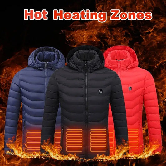 Men Heated Puffer Jacket Electric Heating Coat Insulated Hood Windbreaker 9Heat Zones - Beyond Trends Hub 