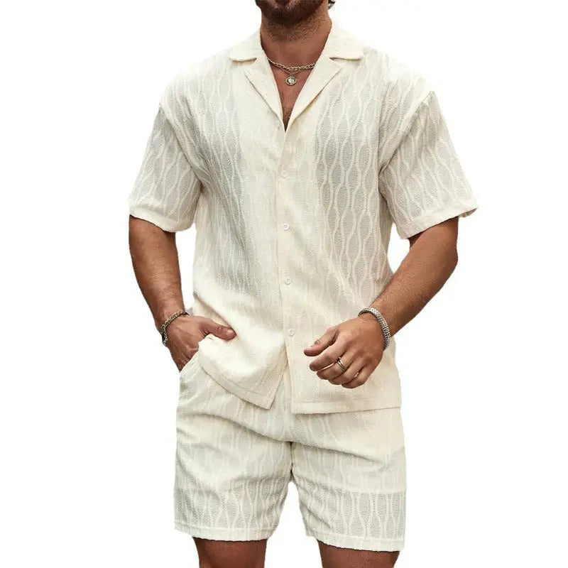 Men Tracksuits Summer Fashion Solid Loose Casual Two Pieces Lapel Button Shirt Shorts Beach Holiday All-match Outfits
