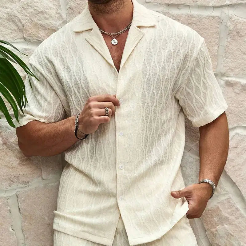 Men Tracksuits Summer Fashion Solid Loose Casual Two Pieces Lapel Button Shirt Shorts Beach Holiday All-match Outfits