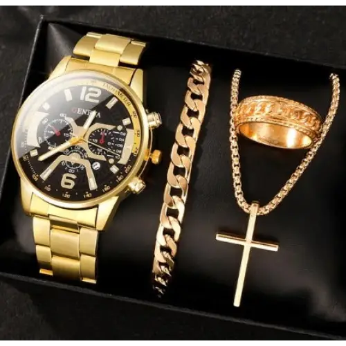 Men’s Temperament Business Watch All-match Cross Steel Belt - Golden Suit