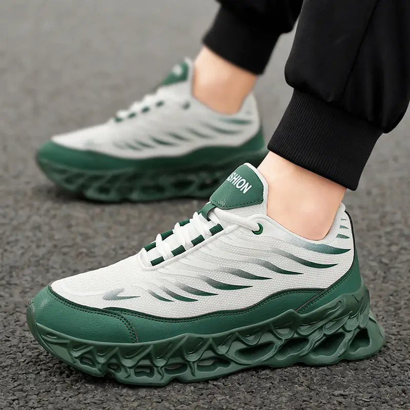 Men’s Lace-up Sneakers Thick-soled Daddy Vulcanized Shoes Outdoor Running Sports Casual Shoes - White Green / Size39 - 4