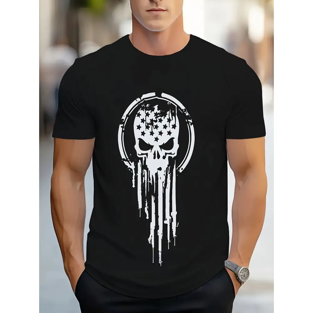 Men’s Casual And Fashionable Geometric Skull Pattern T-shirt - Breathable Polyester Fiber Round Neck Regular Style - 5