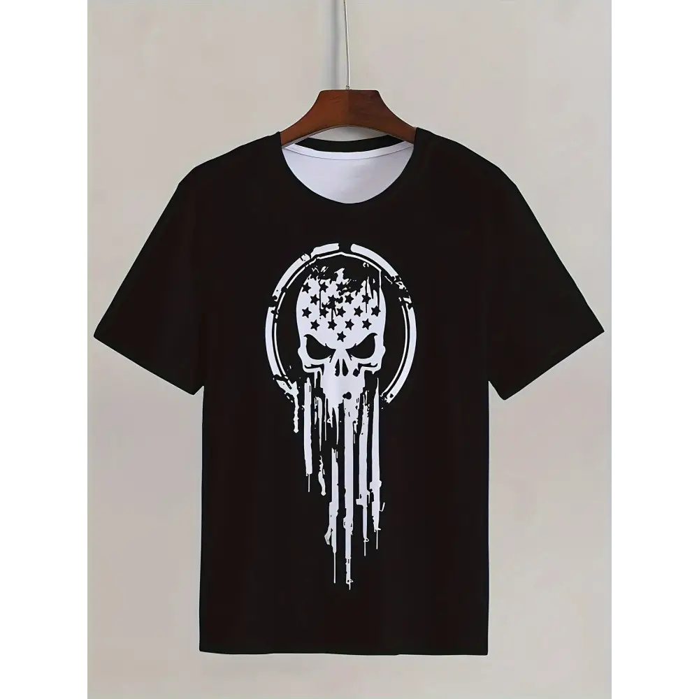 Men’s Casual And Fashionable Geometric Skull Pattern T-shirt - Breathable Polyester Fiber Round Neck Regular Style