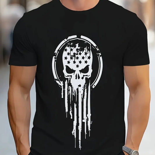 Men’s Casual And Fashionable Geometric Skull Pattern T-shirt - Breathable Polyester Fiber Round Neck Regular Style - 5
