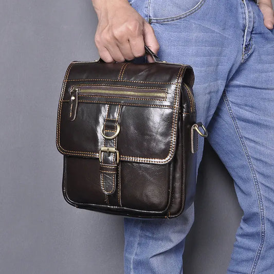 Mens Fashion Casual Multifunctional Leather Shoulder Crossbody Bag - Coffee
