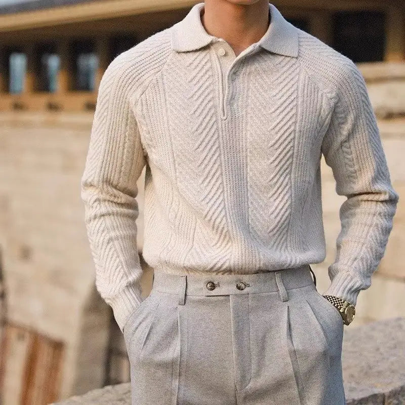 Cream-colored knit polo sweater with chevron ribbing for Men’s Lapel Knitted Sweater.