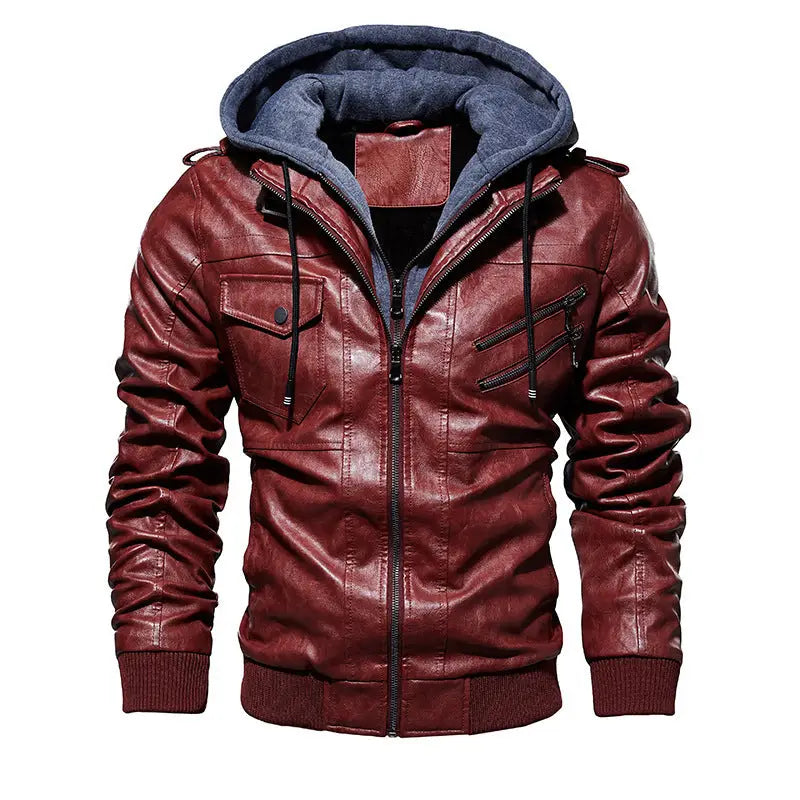 Men’s Leather Jacket Men’s PU Leather Hooded Leather Jacket
