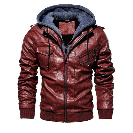 Men’s Leather Jacket Men’s PU Leather Hooded Leather Jacket