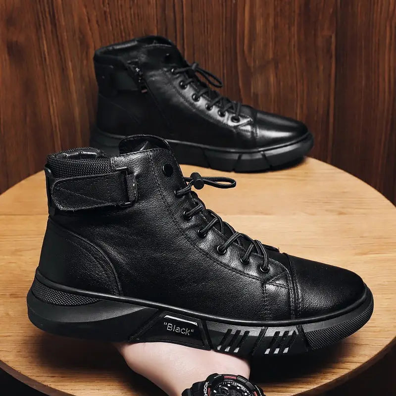 Men’s New Leather Plush Martin Boots Casual - Black / 39