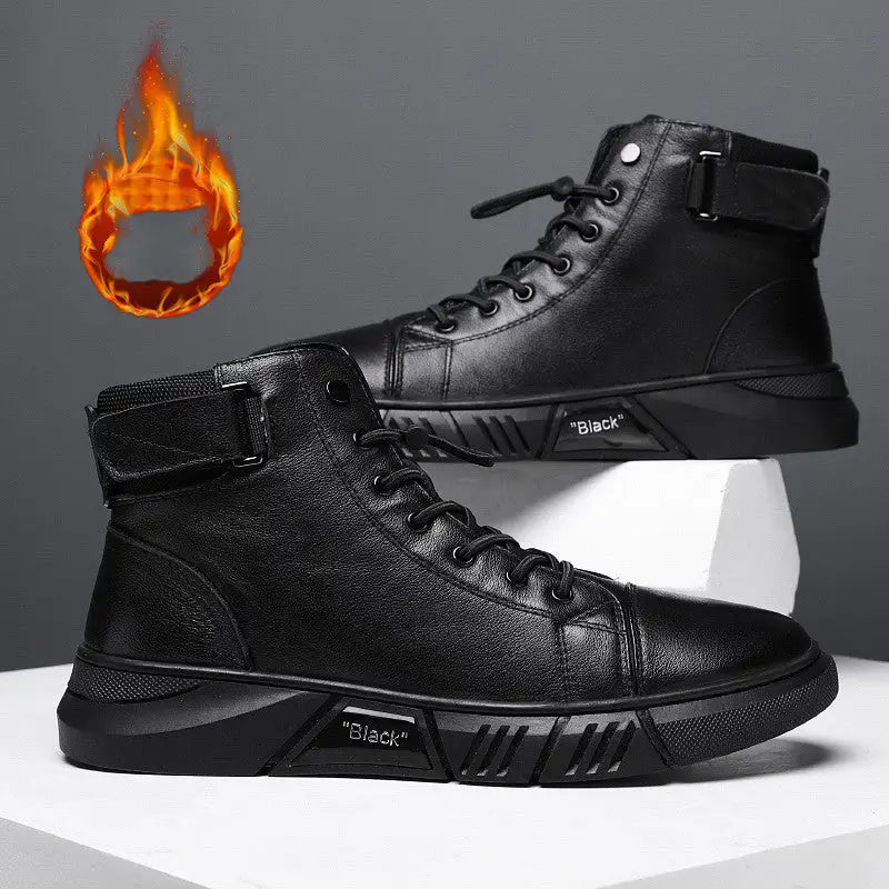 Men’s New Leather Plush Martin Boots Casual - Black with cotton / 39