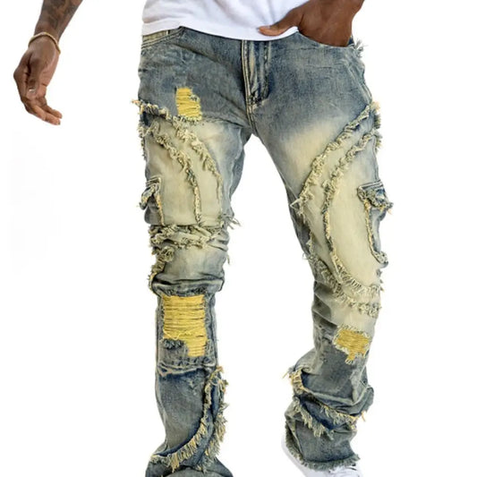 Men’s Patchwork Fringe Slightly Flared Stretch Jeans