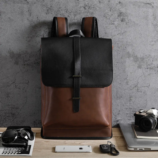 Men’s Retro Crazy Horse PU Leather Large Capacity Backpack