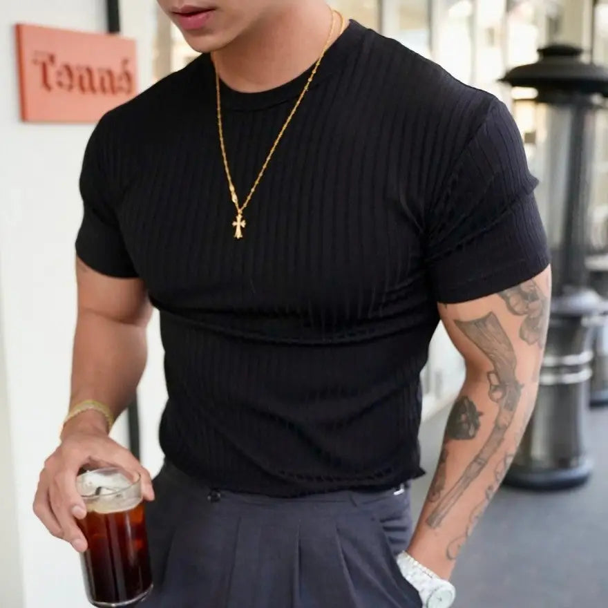Men’s Summer Sports Fitness Casual Round Neck Stretch Crew Neck Short Sleeve - Black / M