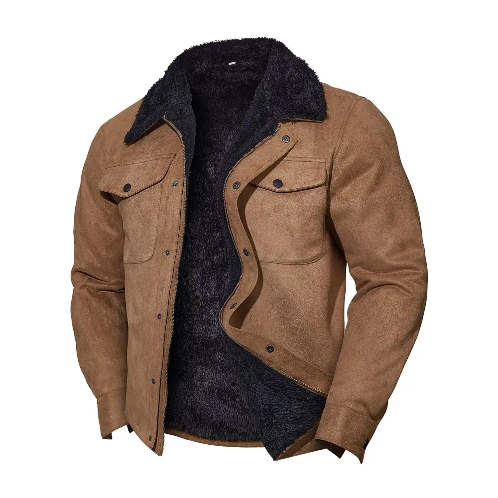 Brown winter jacket with black fleece lining and pockets from Men’s Vintage Suede Casual Coat.