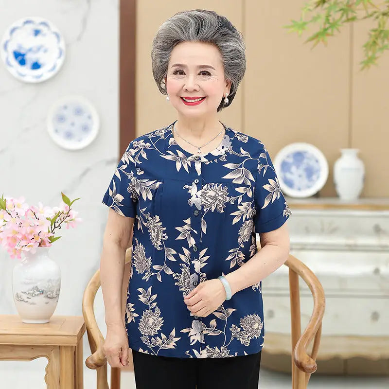 Middle-Aged And Elderly Cotton Short-Sleeved Grandma Dress Summer Blouse Female Mother 60-70-Year-Old Clothes Cotton T-Shirt Women - Beyond Trends Hub 