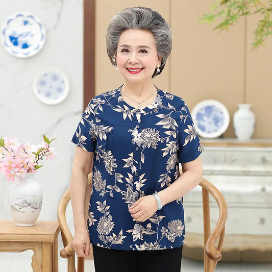 Middle-Aged And Elderly Cotton Short-Sleeved Grandma Dress Summer Blouse Female Mother 60-70-Year-Old Clothes Cotton T-Shirt Women - Beyond Trends Hub 
