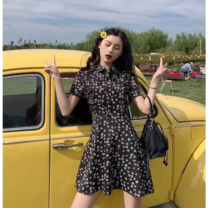 Mini Dresses Women Daisy-print Korean Style Chic Trendy Popular Slim Leisure