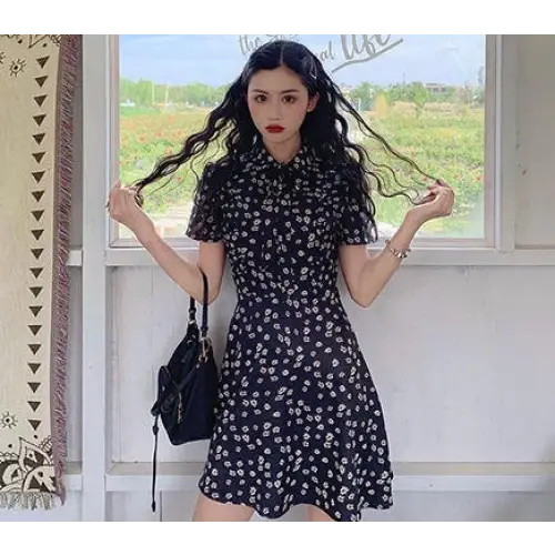 Mini Dresses Women Daisy-print Korean Style Chic Trendy Popular Slim Leisure