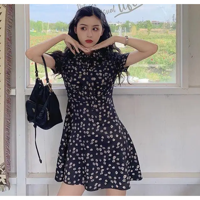 Mini Dresses Women Daisy-print Korean Style Chic Trendy Popular Slim Leisure - Black / S