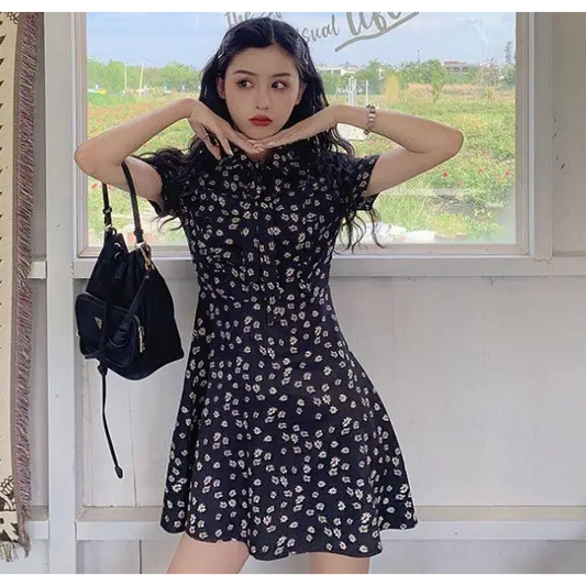 Mini Dresses Women Daisy-print Korean Style Chic Trendy Popular Slim Leisure - Black / S