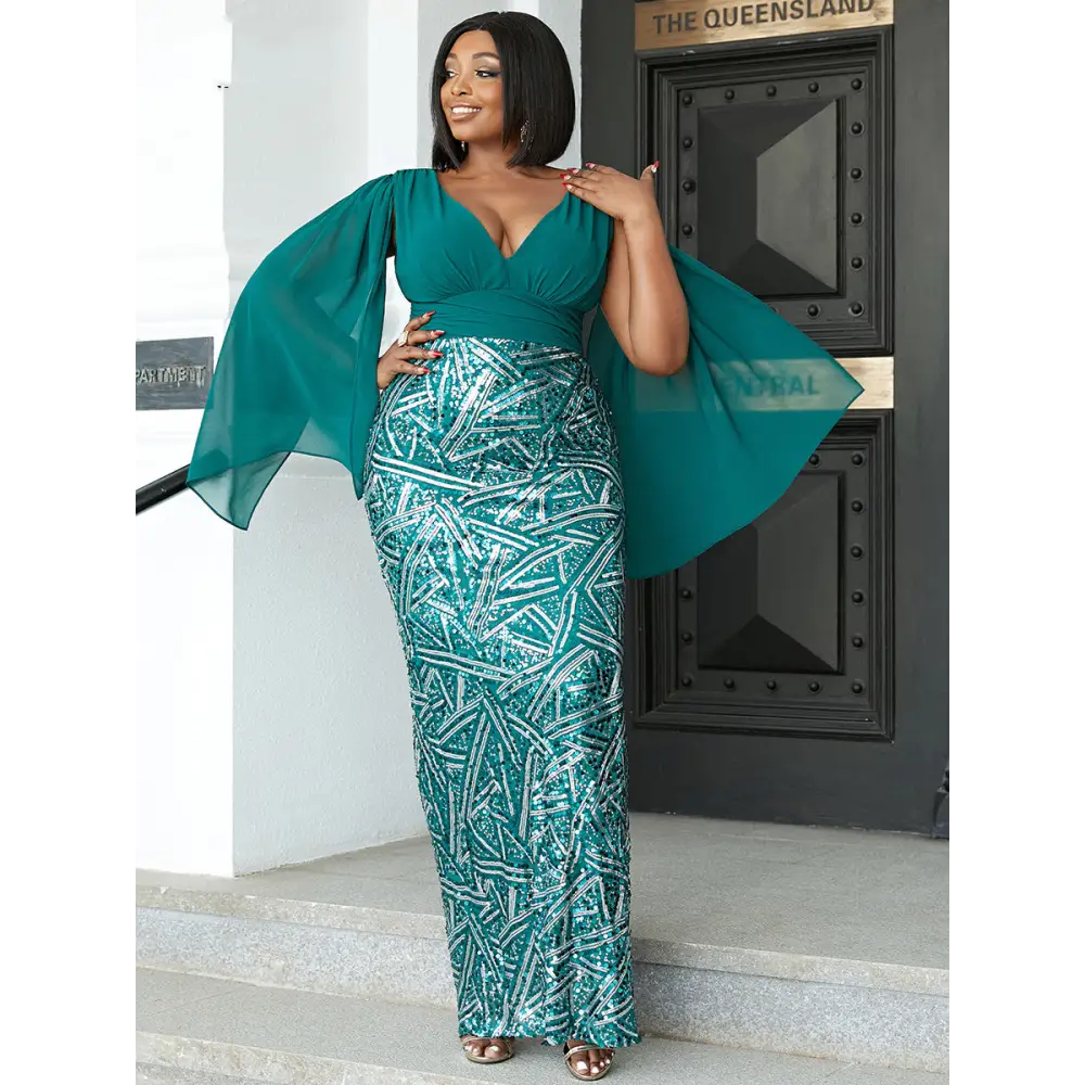 Missord V Neck Contrast Sequin PlUS SIZE Women Formal Green
