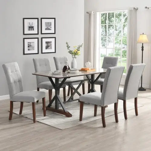 Modern Dining Table For 6-8 7 Piece Kitchen Dining Table Set Gray Sintered Stone Dining Table With 6 Tufted Upholstered