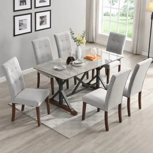 Modern Dining Table For 6-8 7 Piece Kitchen Dining Table Set Gray Sintered Stone Dining Table With 6 Tufted Upholstered
