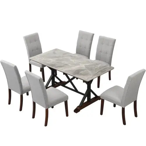 Modern Dining Table For 6-8 7 Piece Kitchen Dining Table Set Gray Sintered Stone Dining Table With 6 Tufted Upholstered