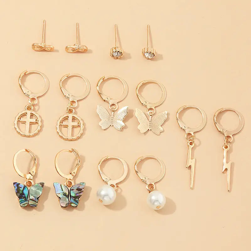 Multi-Element Lightning Cross Small Ear Ring Earings Set - Beyond Trends Hub 