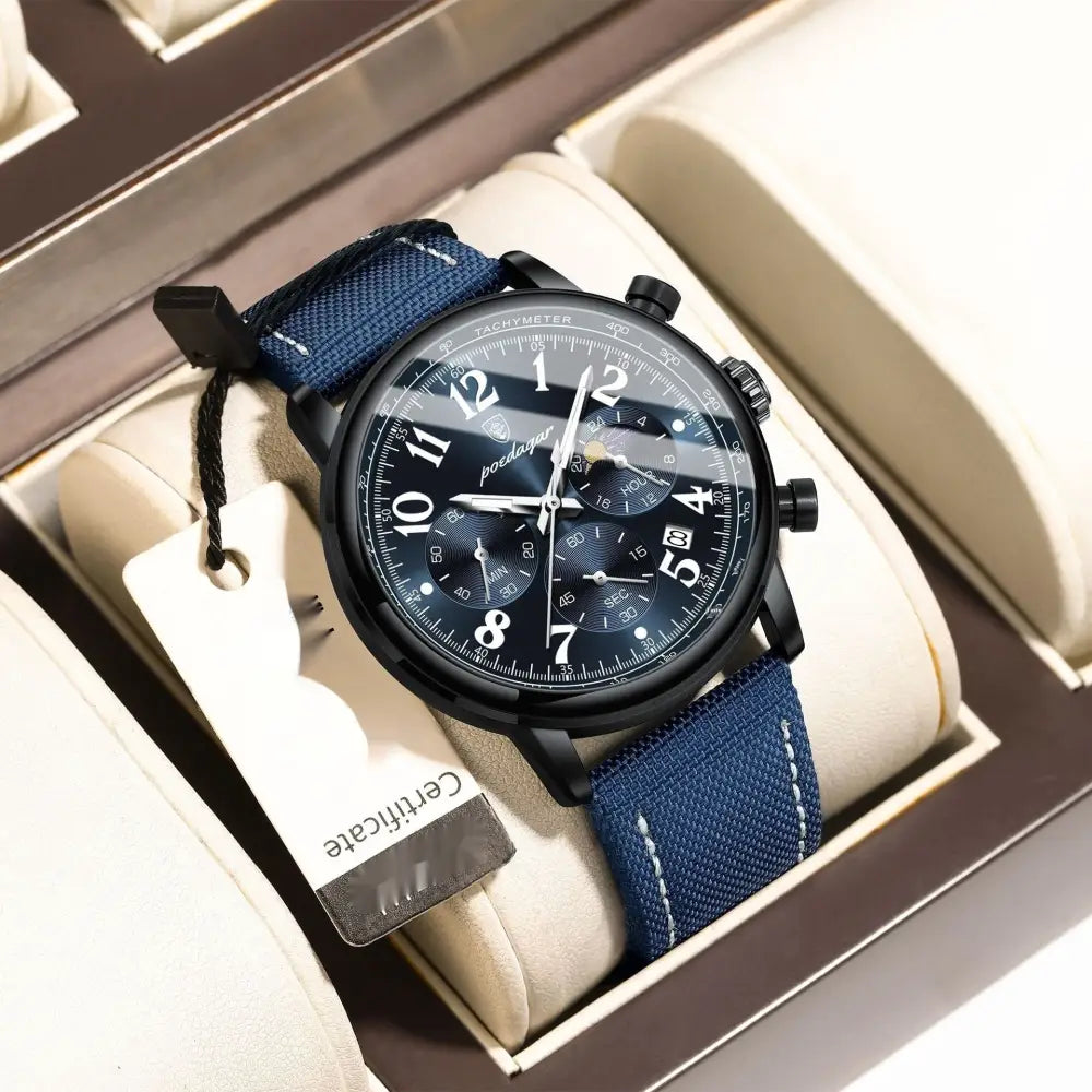 Multifunctional Luminous Quartz Men’s Watch - Black Shell And Blue Surface