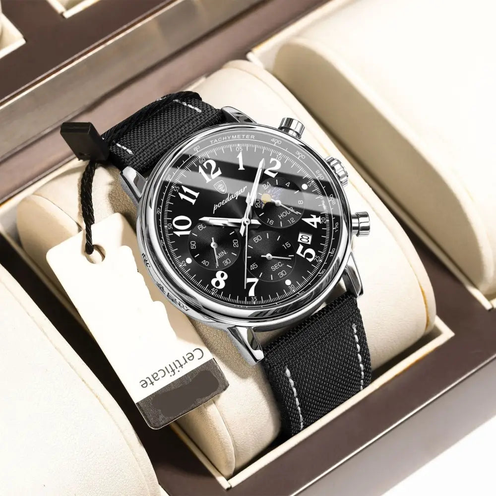 Multifunctional Luminous Quartz Men’s Watch - Silver Case Black Noodles