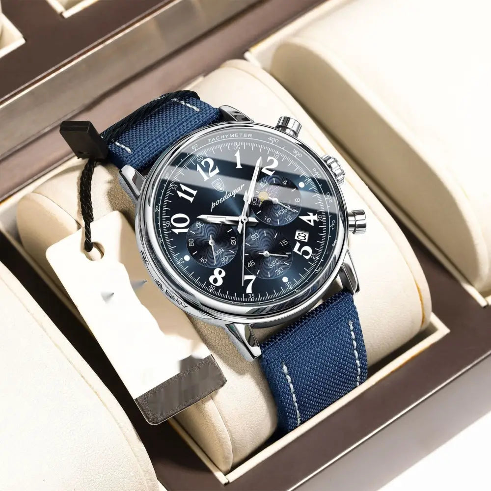 Multifunctional Luminous Quartz Men’s Watch - Silver Case Blue Face